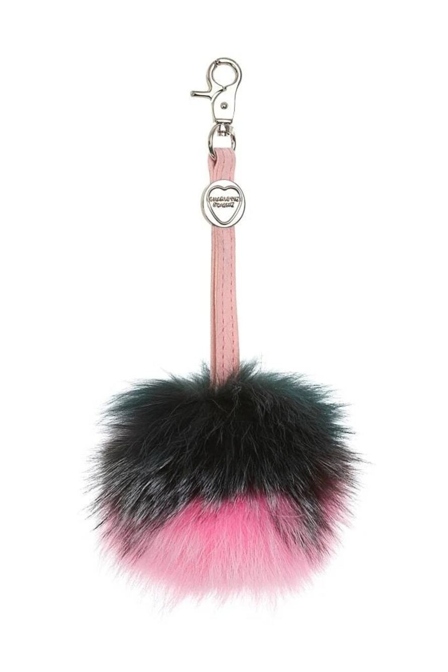 Charlotte Simone Pink Black Furry Pom-Pom Keychain Bag Charm Designer S2-14